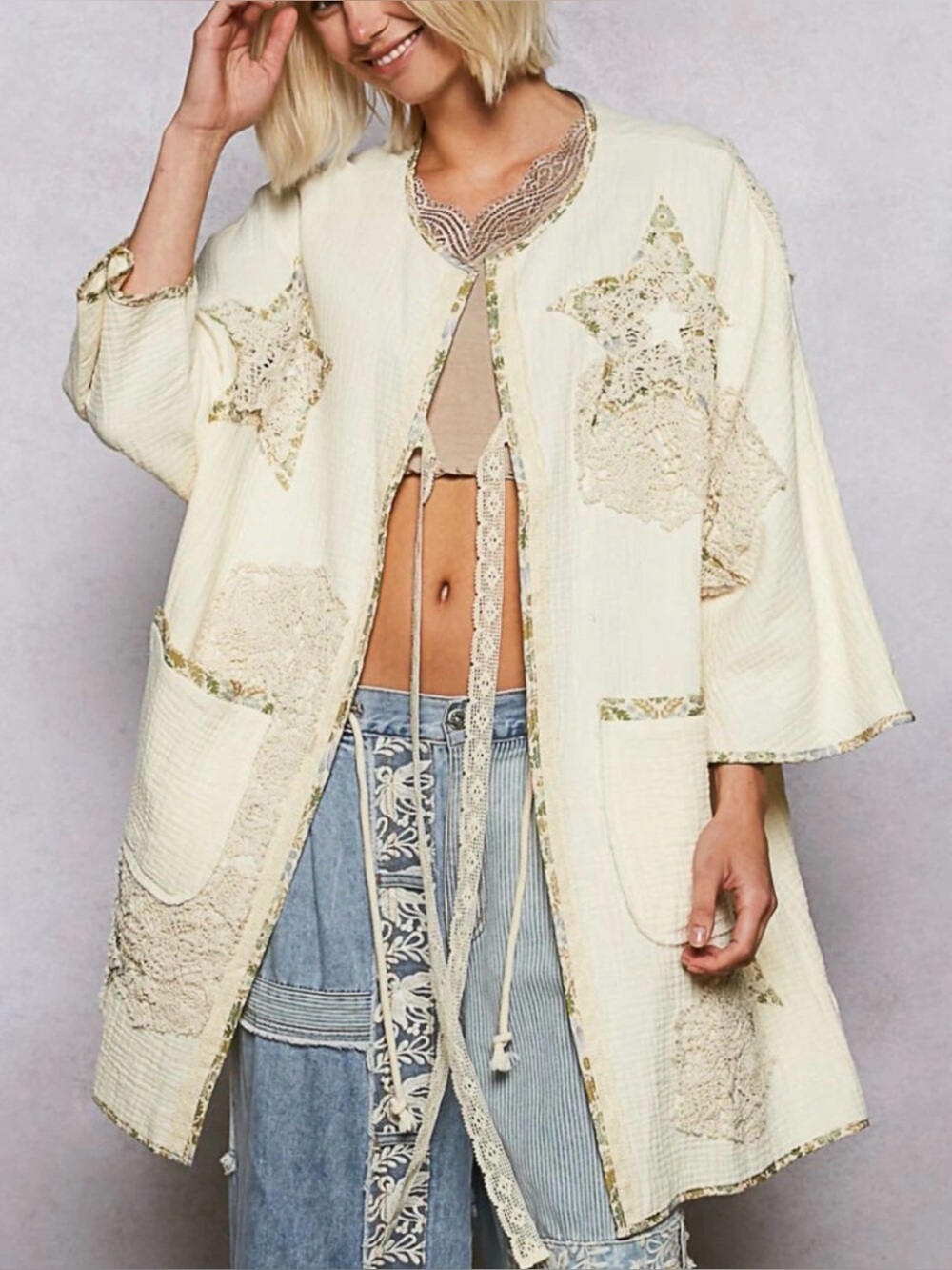 POL Double Gauze Patchwork Cardigan Kimono in Natural NEW